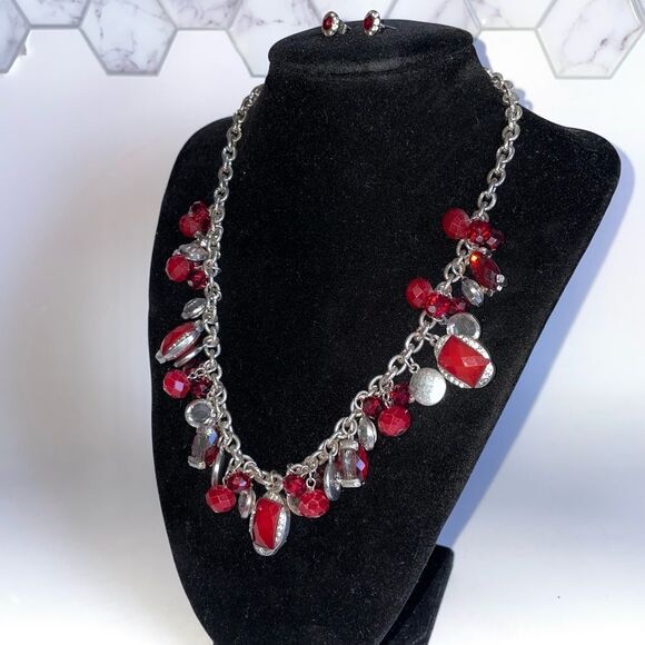 Elegant White House Black Market Set Red and Silver Necklace & Earrings - Picture 4 of 5